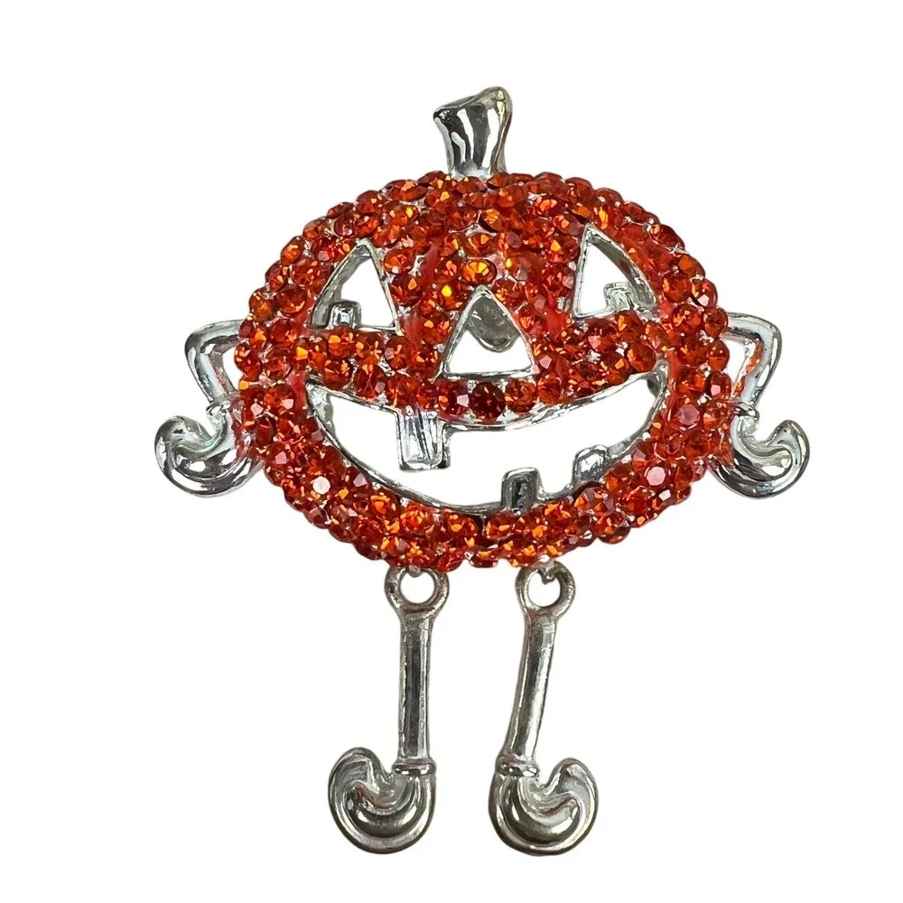 Orange Rhinestone Pumpkin Jack-O-Lantern Brooch Pendant Halloween Jewelry Silver
